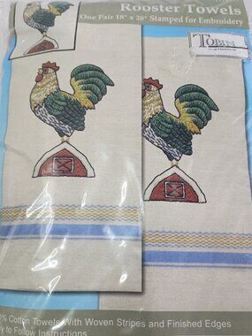 Vintage Rooster Embroidery Stamped Towels by Design Works Crafts